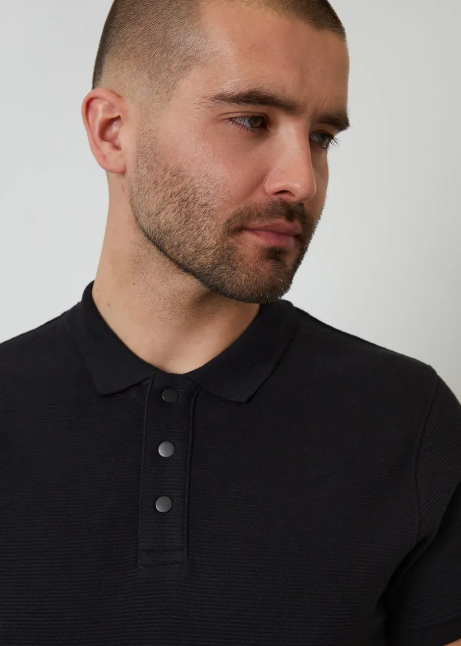 Threadbare Black Ottoman Rib Textured Cotton Polo Shirt