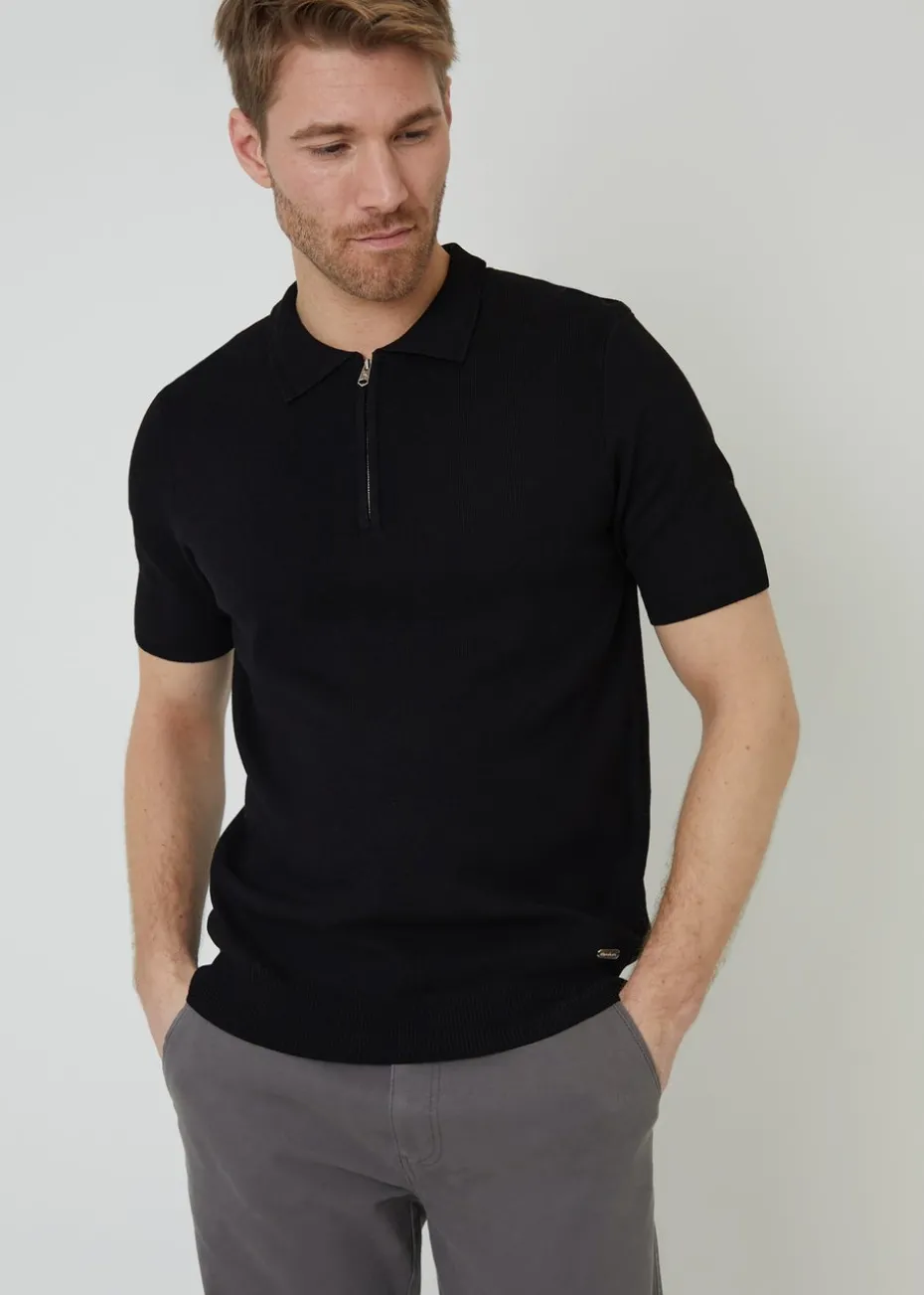 Threadbare Black Quarter Zip Textured Trim Knitted Polo