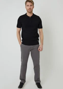 Threadbare Black Quarter Zip Textured Trim Knitted Polo