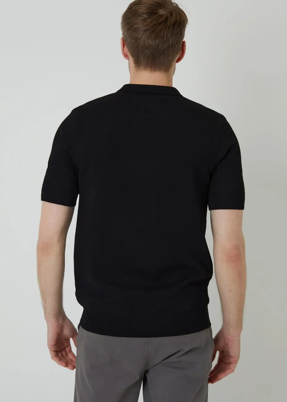 Threadbare Black Quarter Zip Textured Trim Knitted Polo
