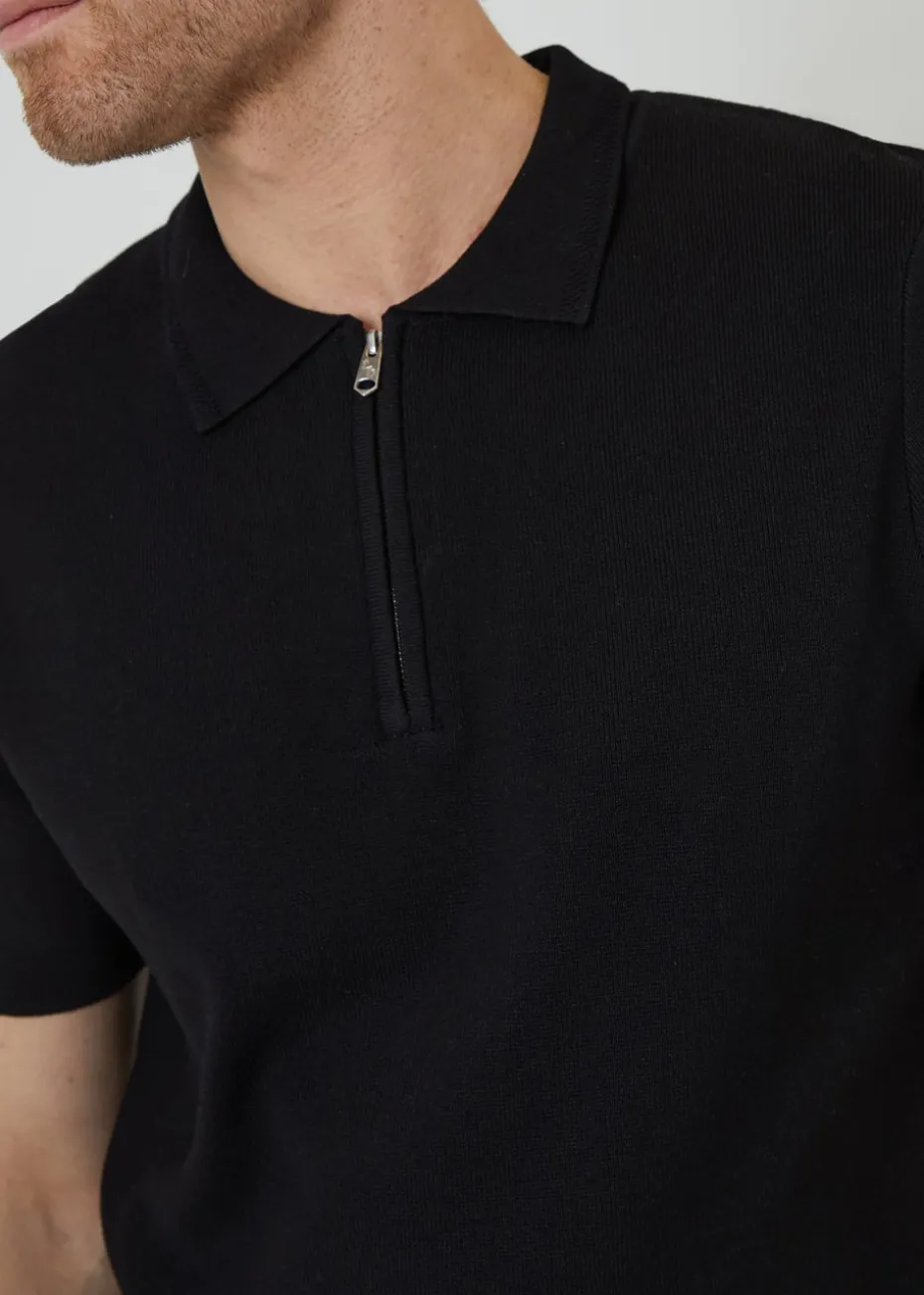 Threadbare Black Quarter Zip Textured Trim Knitted Polo
