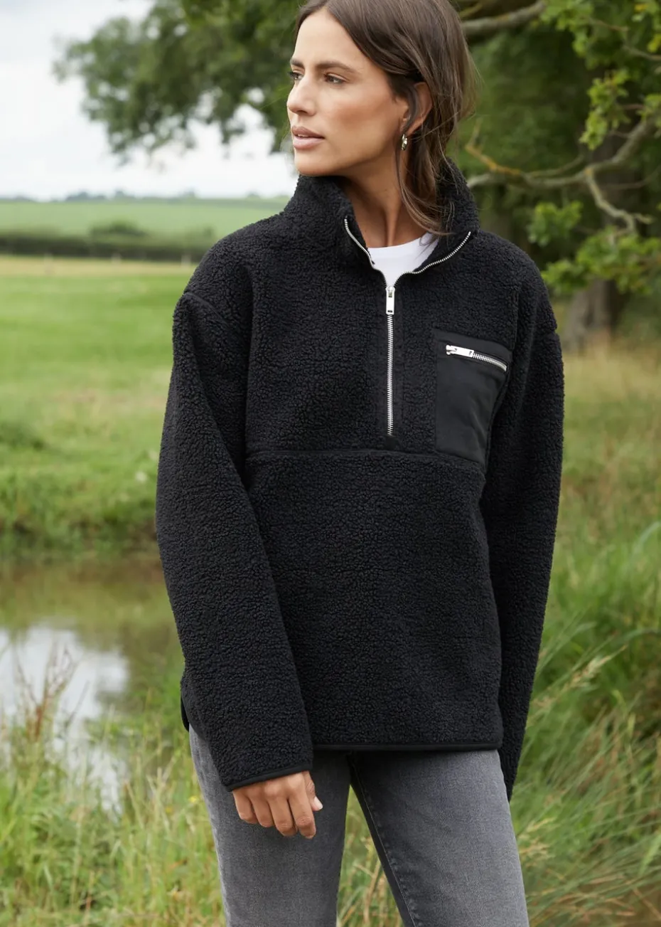 Threadbare Black Sian Half Zip Borg Fleece