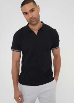 Threadbare Black Textured Knit Open Collar Polo Shirt