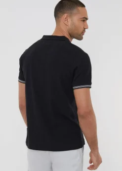 Threadbare Black Textured Knit Open Collar Polo Shirt