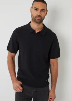 Threadbare Black Textured Front Short Sleeve Trophy Neck Knitted Polo