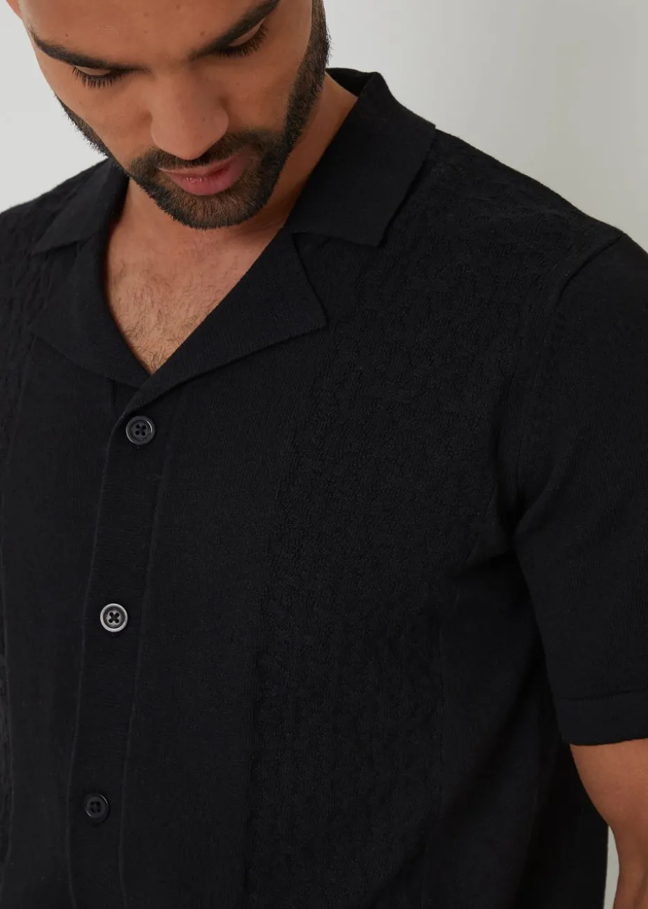 Threadbare Black Textured Panel Revere Collar Knitted Shirt