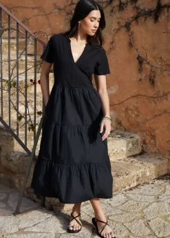 Threadbare Black Tiered Jersey Poplin Maxi Dress