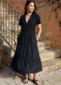 Threadbare Black Tiered Jersey Poplin Maxi Dress