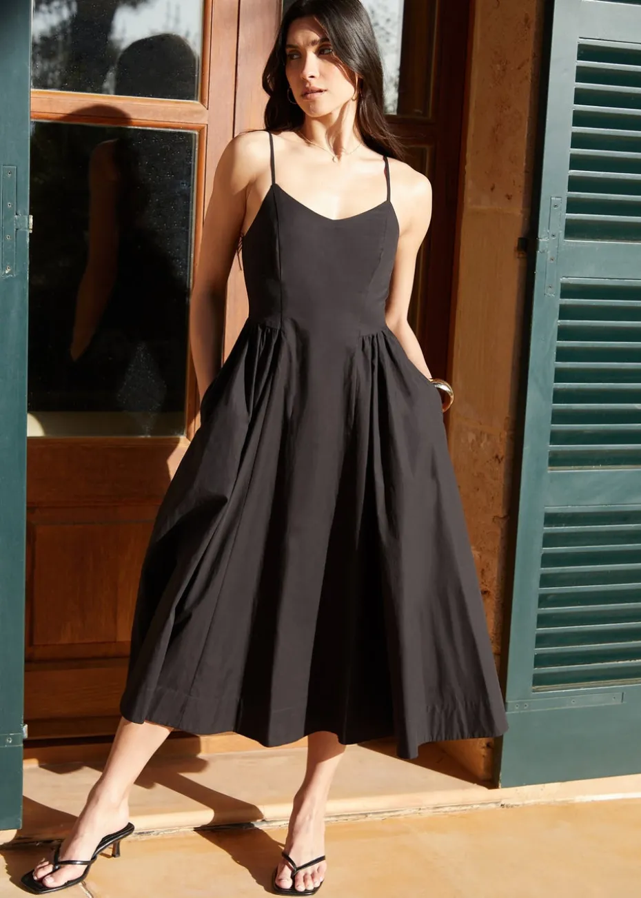Threadbare Black V Neck Fit & Flare Midi Dress