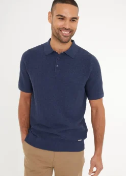 Threadbare Blue Cotton Mix Short Sleeve Textured Knitted Polo Shirt