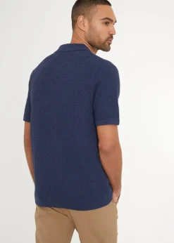 Threadbare Blue Cotton Mix Short Sleeve Textured Knitted Polo Shirt
