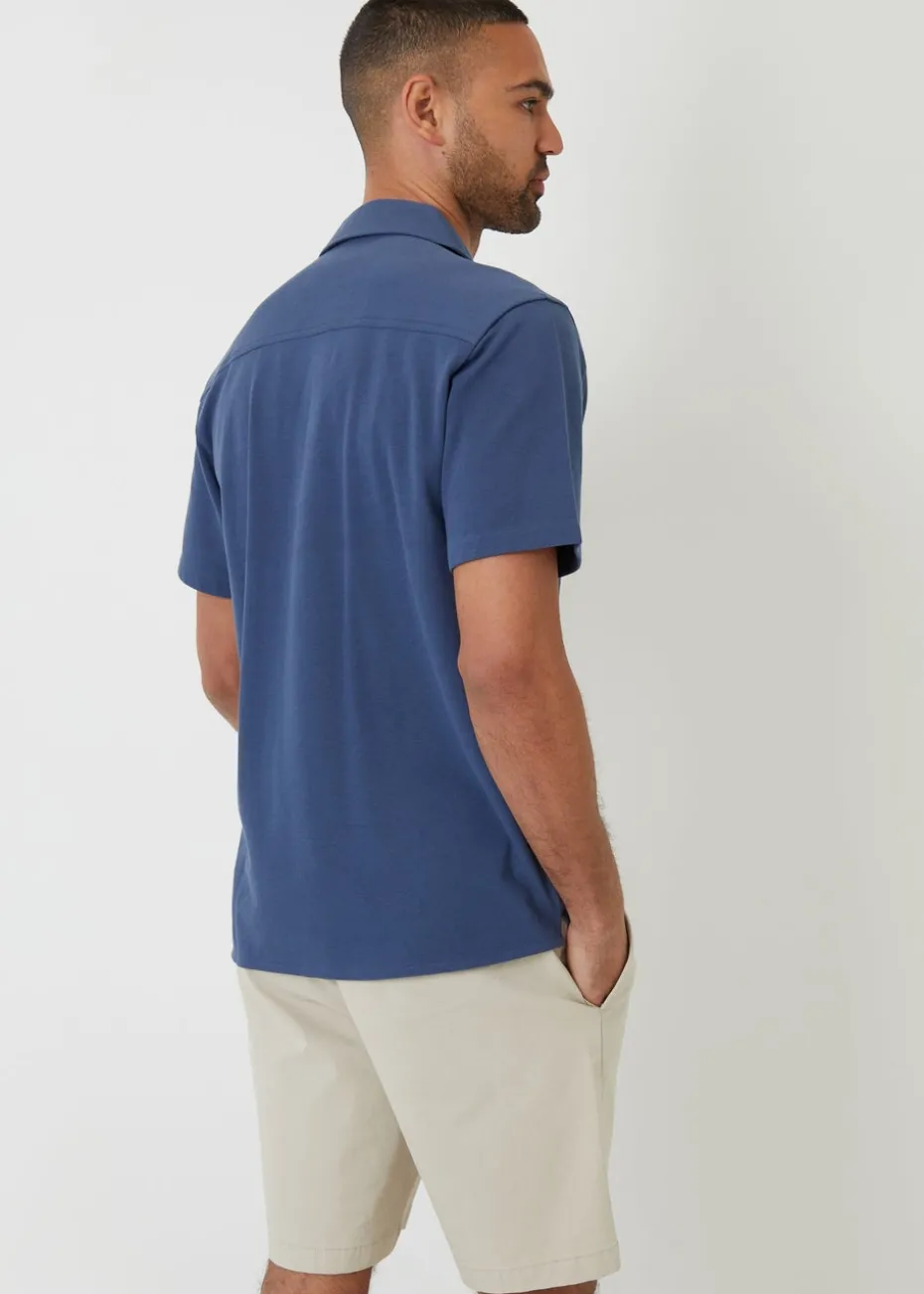 Threadbare Blue Cotton Pique Revere Collar Short Sleeve Shirt