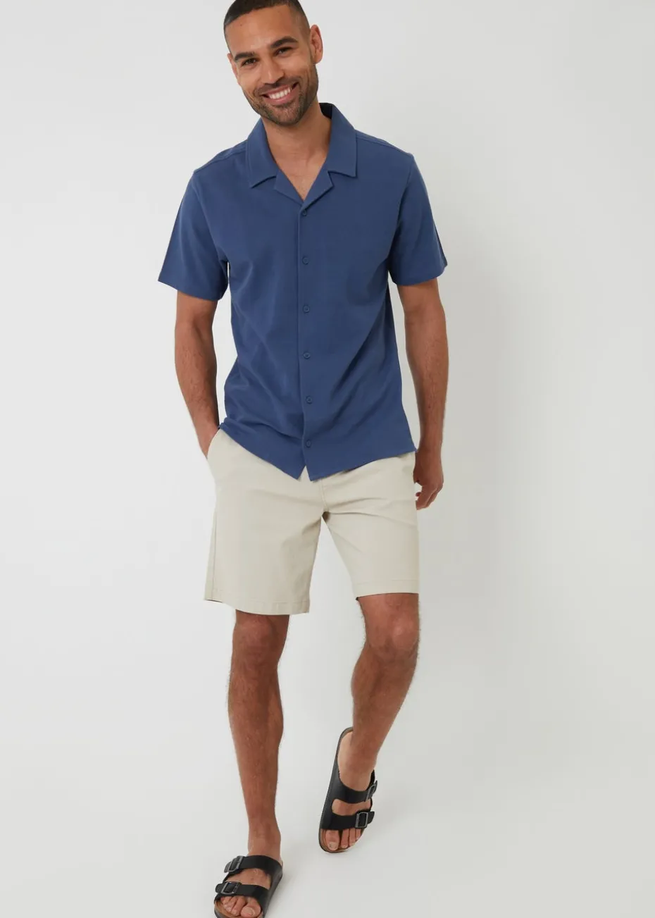 Threadbare Blue Cotton Pique Revere Collar Short Sleeve Shirt