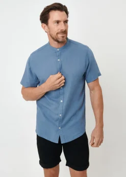 Threadbare Blue Grandad Collar Linen Blend Short Sleeve Shirt
