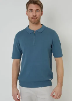Threadbare Blue Quarter Zip Textured Trim Knitted Polo