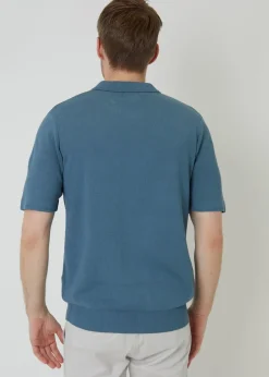 Threadbare Blue Quarter Zip Textured Trim Knitted Polo