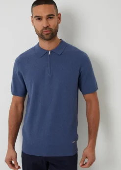 Threadbare Blue Textured Front Quarter Zip Knitted Polo