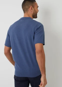 Threadbare Blue Textured Front Quarter Zip Knitted Polo