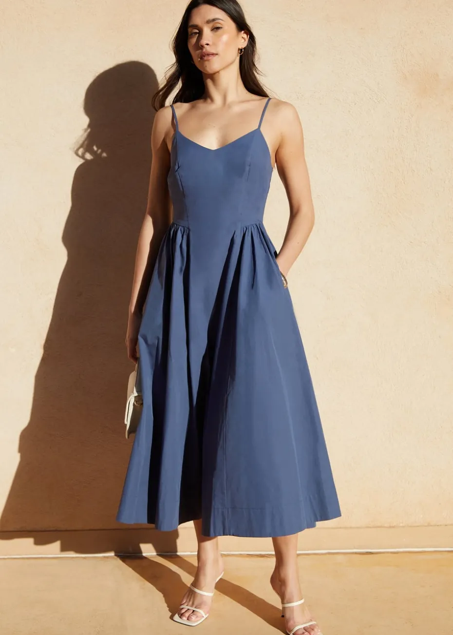 Threadbare Blue V Neck Fit & Flare Midi Dress