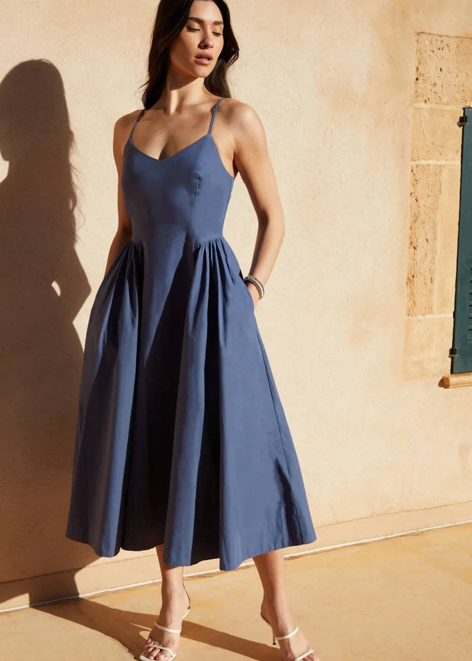 Threadbare Blue V Neck Fit & Flare Midi Dress