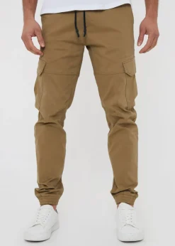 Threadbare Brown Cotton Jogger Style Cargo Trousers With Stretch