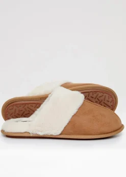 Threadbare Brown Denver Faux Suede Faux Fur Lined Mule Slippers