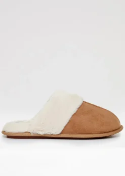 Threadbare Brown Denver Faux Suede Faux Fur Lined Mule Slippers