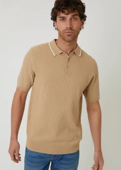 Threadbare Brown Textured Front Tipping Collar Knitted Polo Shirt