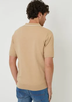 Threadbare Brown Textured Front Tipping Collar Knitted Polo Shirt