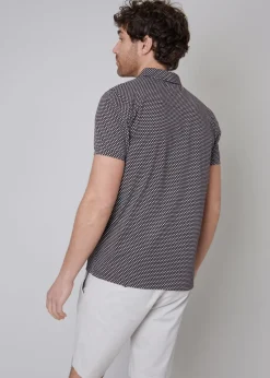 Threadbare Chocolate Dion Geometric Print Zip Collar Jersey Polo Shirt