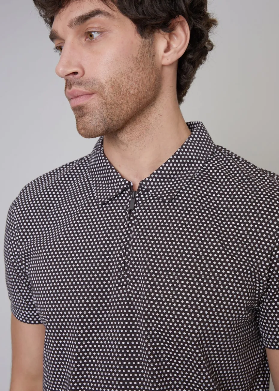 Threadbare Chocolate Dion Geometric Print Zip Collar Jersey Polo Shirt