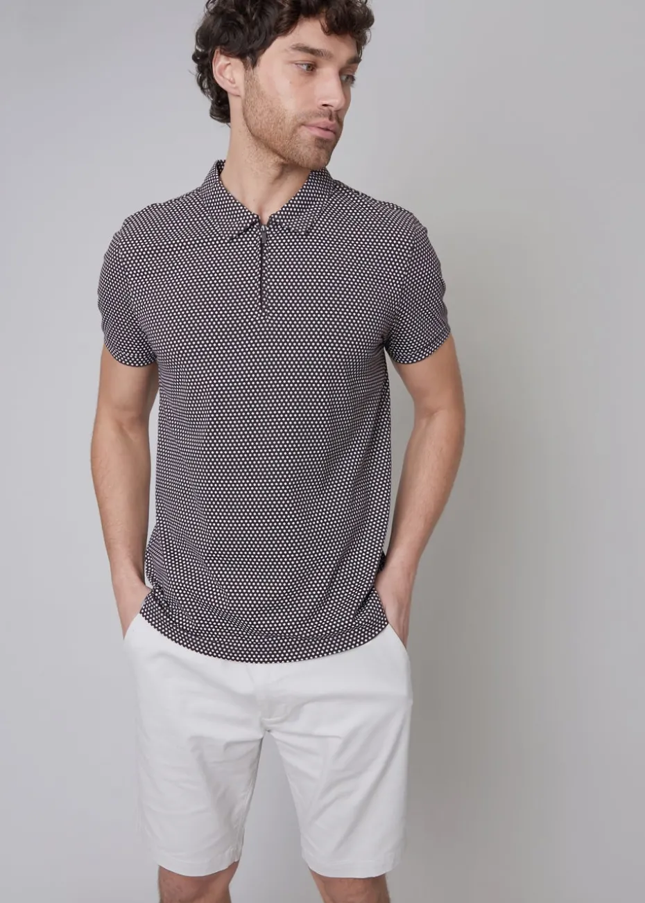 Threadbare Chocolate Dion Geometric Print Zip Collar Jersey Polo Shirt