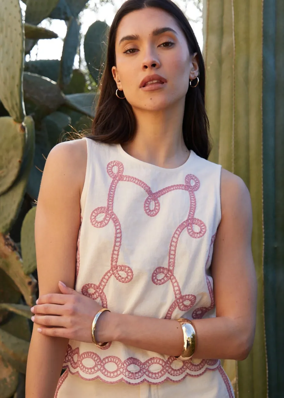 Threadbare Cream Cornelli Embroidered Button Back Shell Top