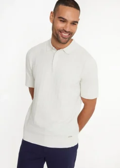 Threadbare Ecru Cotton Mix Short Sleeve Textured Knitted Polo Shirt