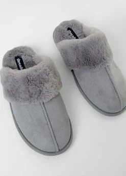 Threadbare Grey Denver Faux Suede Faux Fur Lined Mule Slippers