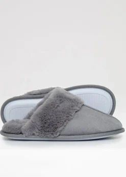 Threadbare Grey Denver Faux Suede Faux Fur Lined Mule Slippers