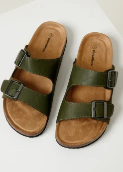 Threadbare Khaki Slip On Two Buckle Strap Sandals