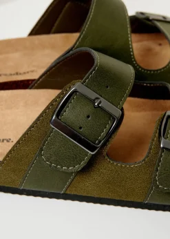 Threadbare Khaki Slip On Two Buckle Strap Sandals