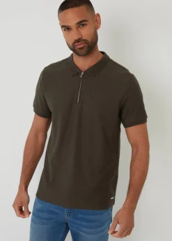 Threadbare Khaki Textured Cotton Quarter Zip Polo Shirt