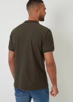 Threadbare Khaki Textured Cotton Quarter Zip Polo Shirt