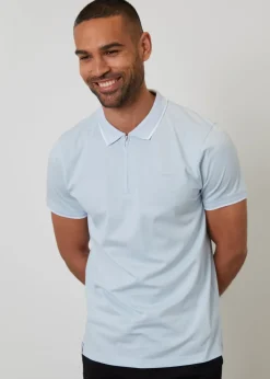 Threadbare Light Blue Birdseye Collar Quarter Zip Polo Shirt