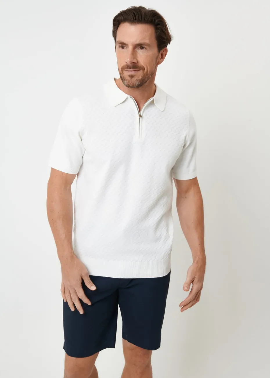 Threadbare Natural Textured Front Quarter Zip Knitted Polo