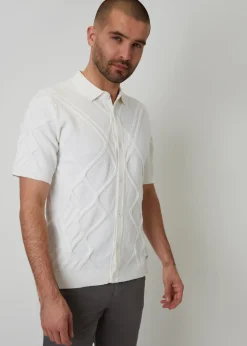 Threadbare Natural Textured Button Through Knitted Polo Shirt