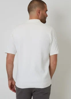 Threadbare Natural Textured Button Through Knitted Polo Shirt