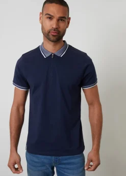 Threadbare Navy Birdseye Collar Quarter Zip Polo Shirt