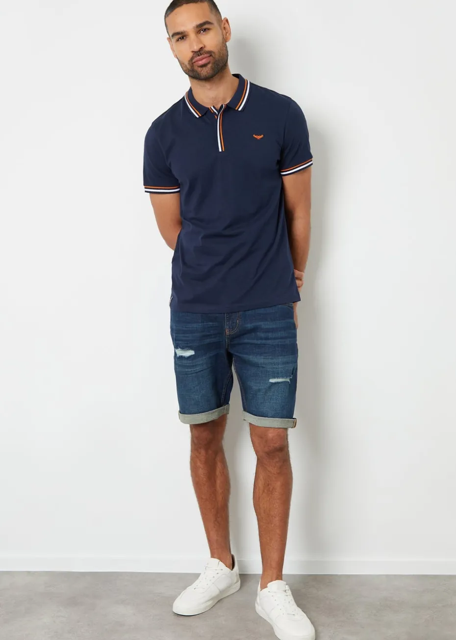 Threadbare Navy Contrast Tipping Cotton Jersey Polo Shirt