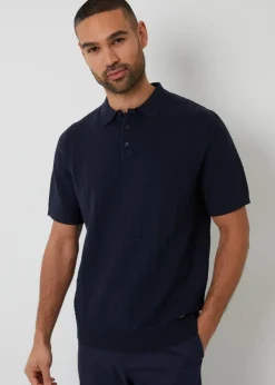 Threadbare Navy Cotton Mix Short Sleeve Textured Knitted Polo Shirt