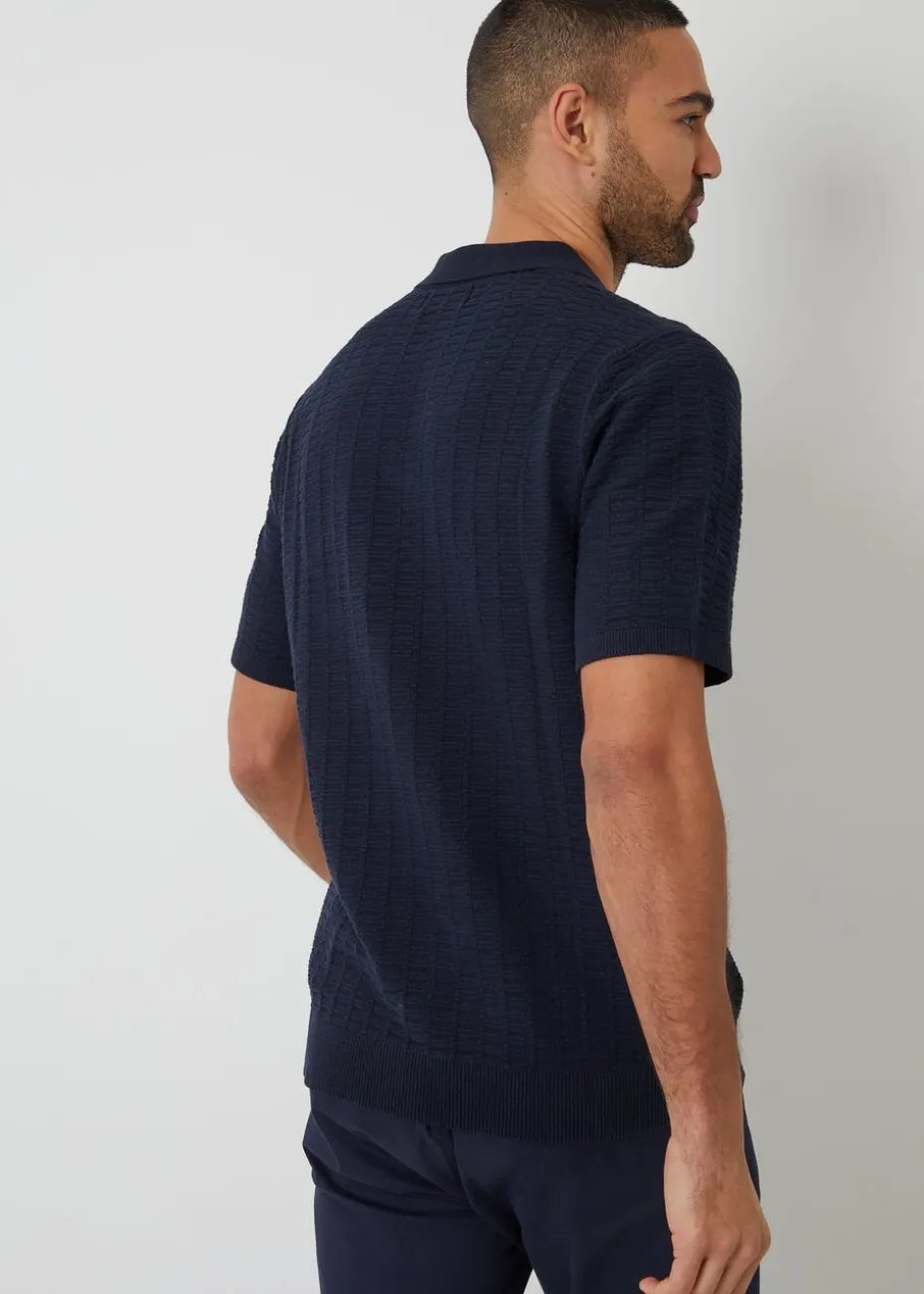 Threadbare Navy Cotton Mix Short Sleeve Textured Knitted Polo Shirt