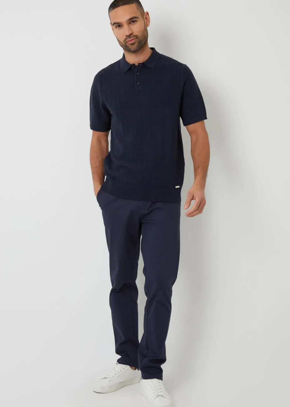 Threadbare Navy Cotton Mix Short Sleeve Textured Knitted Polo Shirt
