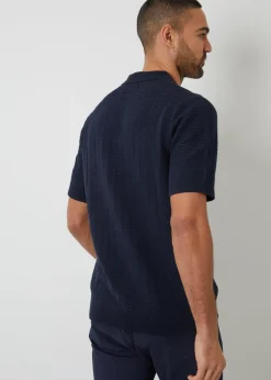 Threadbare Navy Cotton Mix Short Sleeve Textured Knitted Polo Shirt